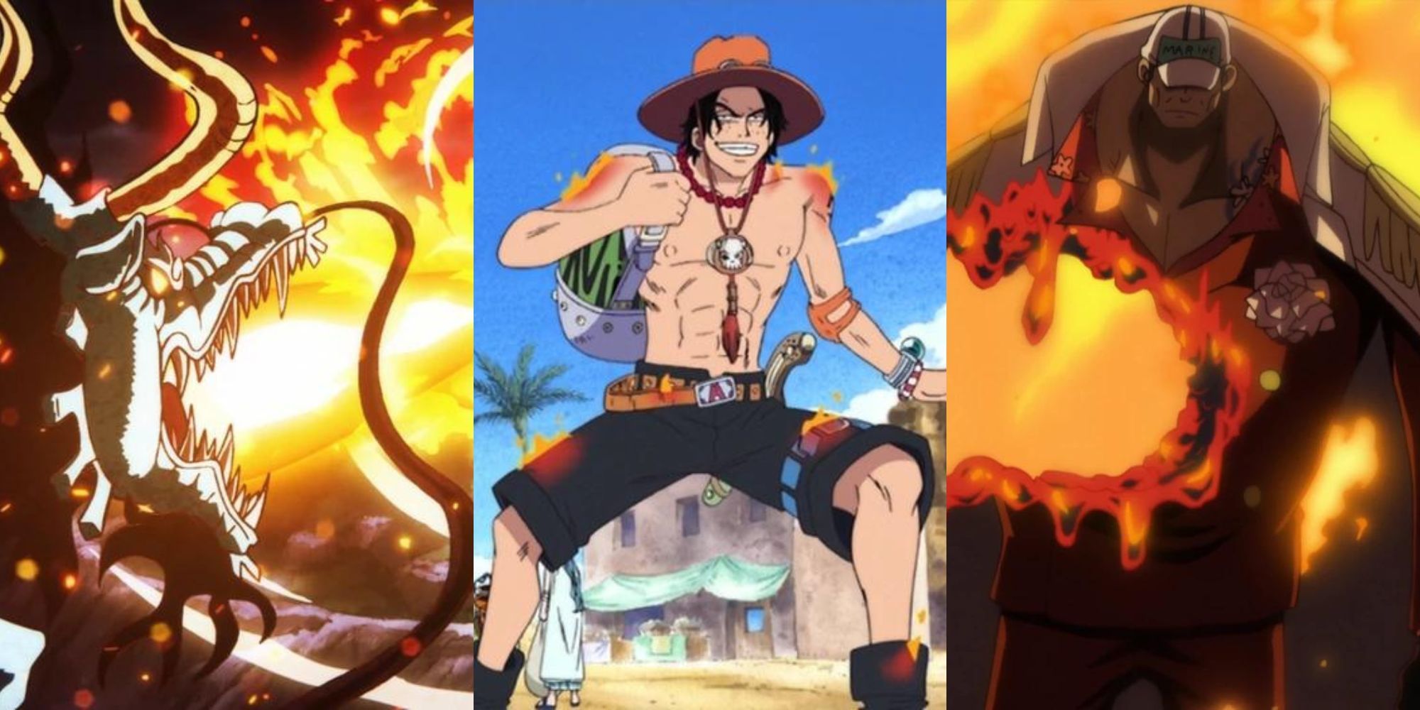 A collage of users of powerful fire-based Devil Fruits: Kaido's Uo Uo No Mi: Model Seiryu, Portgas D. Ace's Mera Mera no Mi, and Akainu's Magu Magu no Mi.