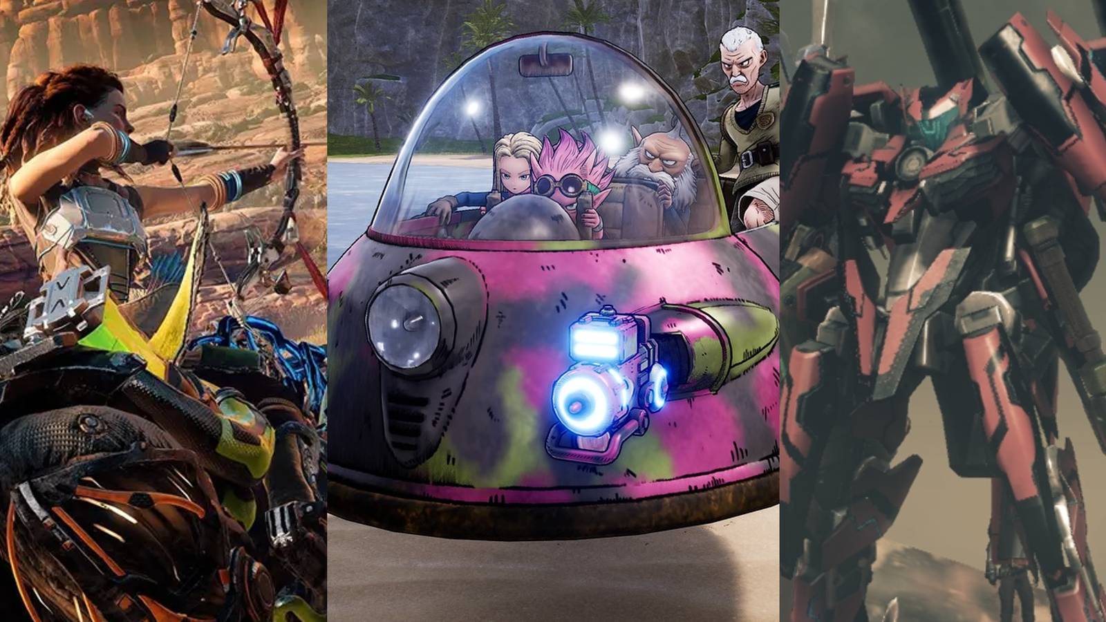 Aloy firing an arrow; Beelzebub driving a spaceship; pink Skell in Xenoblade