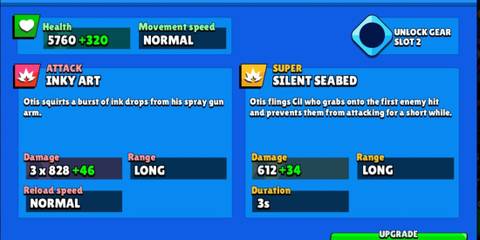 A display of Otis' stats on a blue background in Brawl Stars