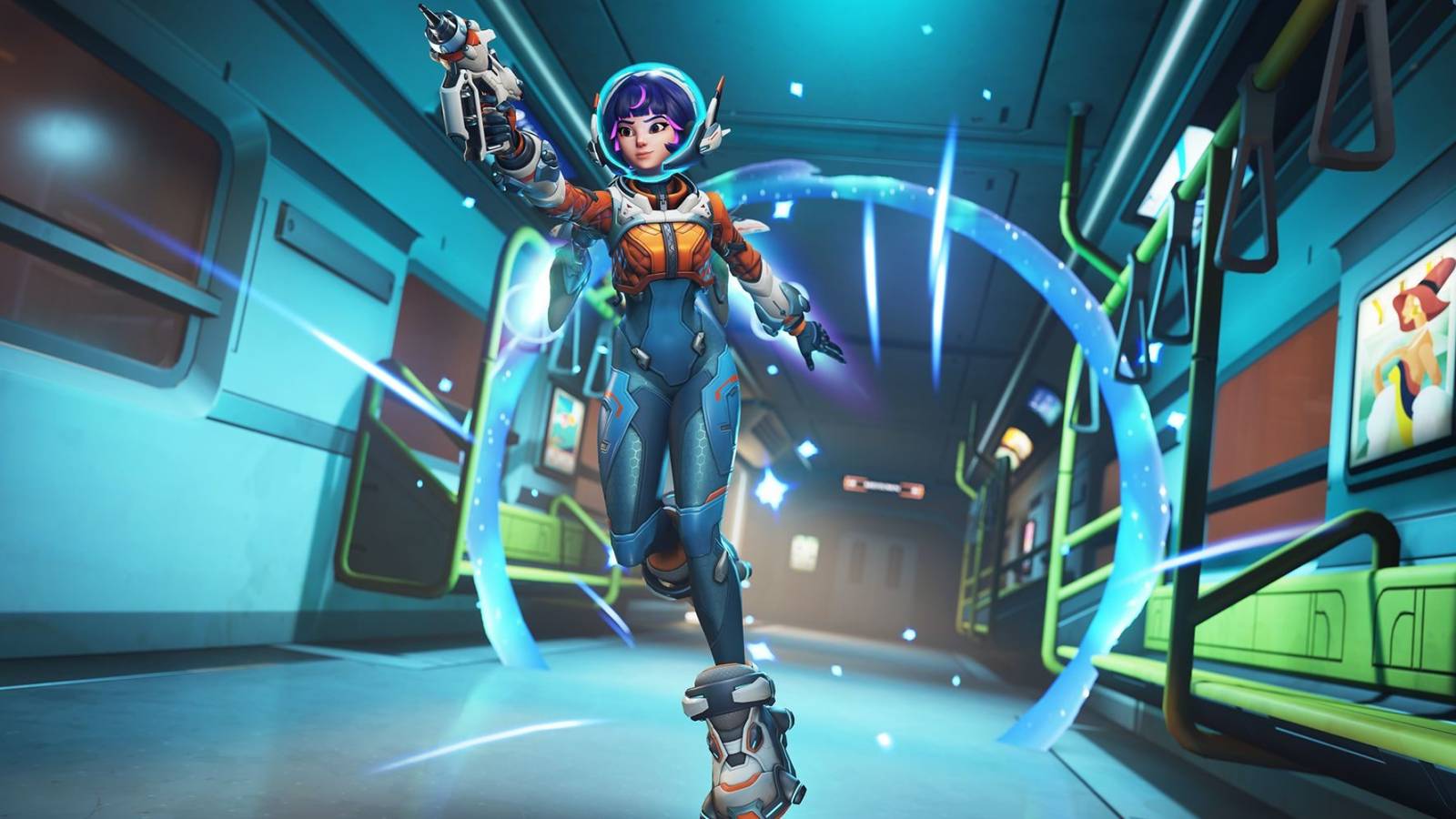 juno space ranger from overwatch 2 season 12 running down a hallway with her ring behind her