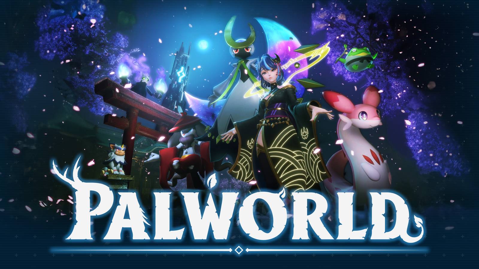 Palworld Sakura update contents and summer 2024 Twitch drops with glowing game logo 2x1 composite