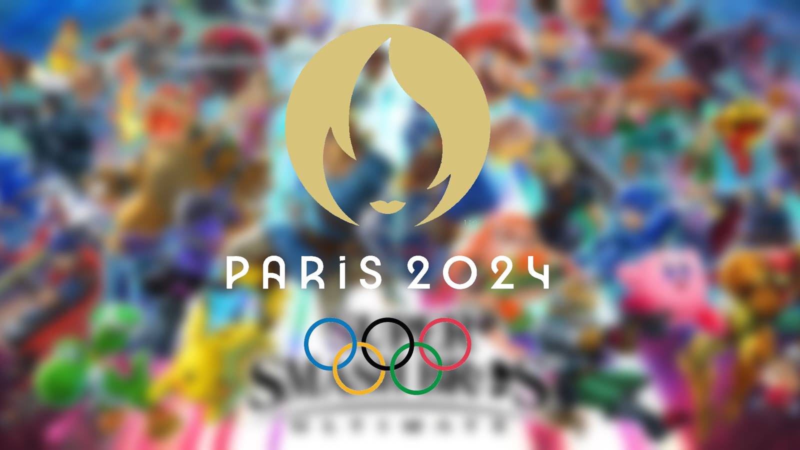The logo for the Paris 2024 Olympics overlayed on top of a blurred key visual for Super Smash Bros. Ultimate