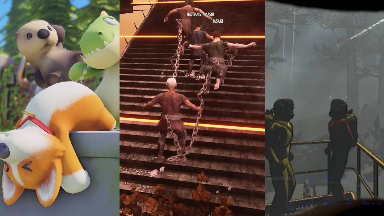 A split image of Party Animals, Chained Together, and Lethal Company