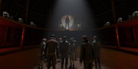Pathologic 2 - The towns people in the lower floor of the theatre listening to a speach