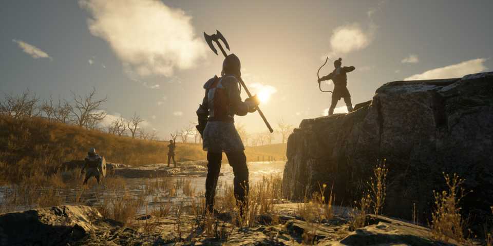 Four warriors in a swamp in Pax Dei