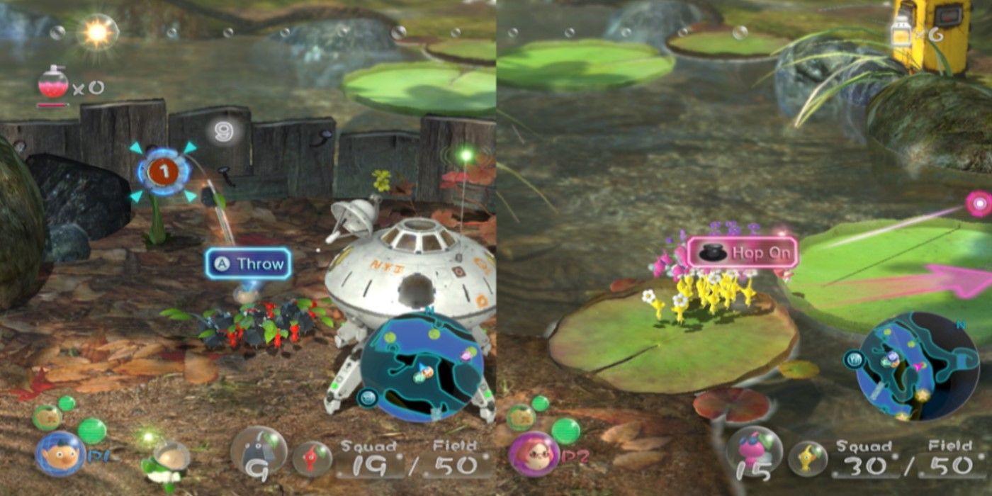 Pikmin 3 – Split-screen gameplay showing separate explorers