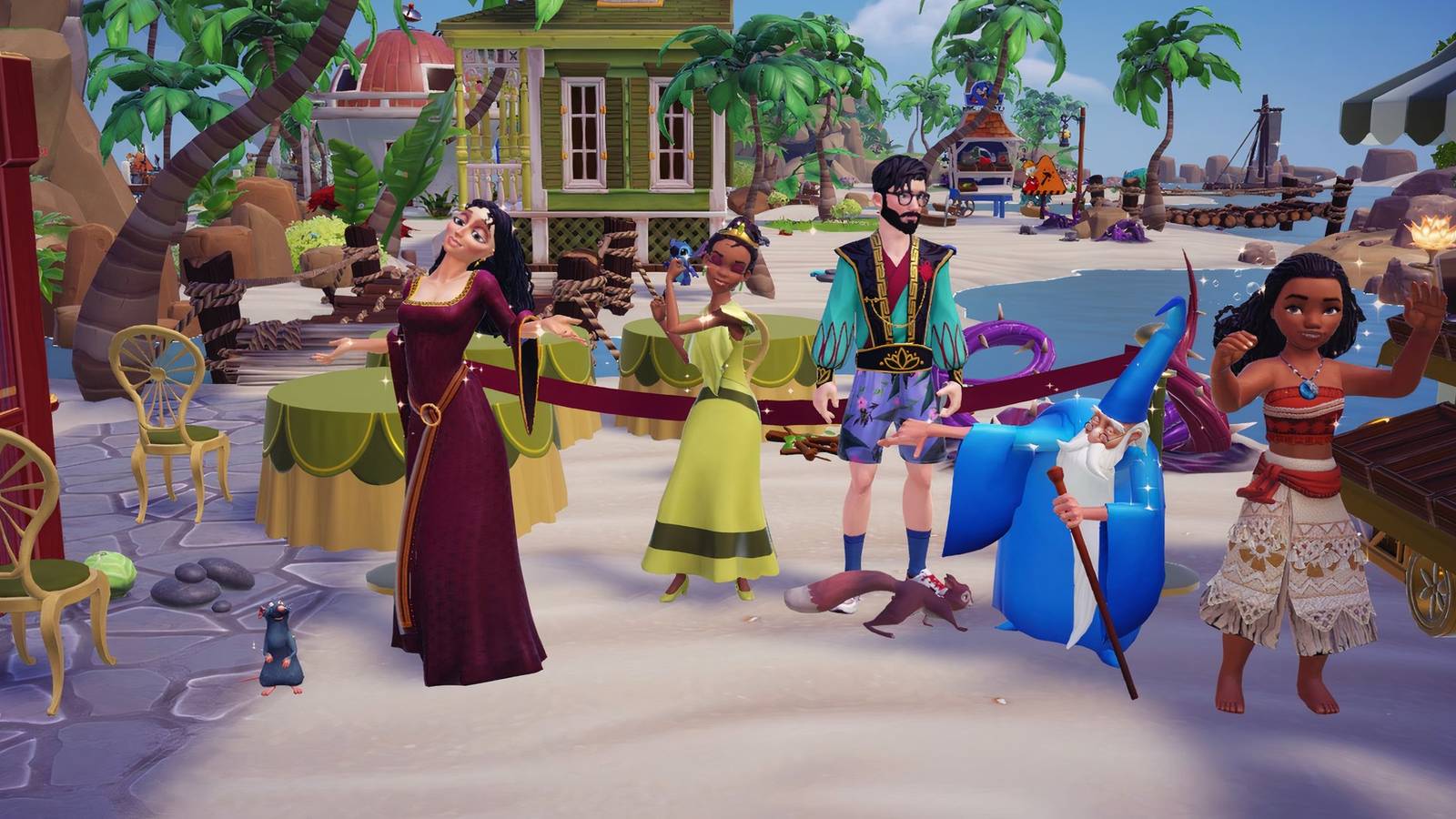 player celebrating with moana, mother gothel, merlin, and tiana ddv