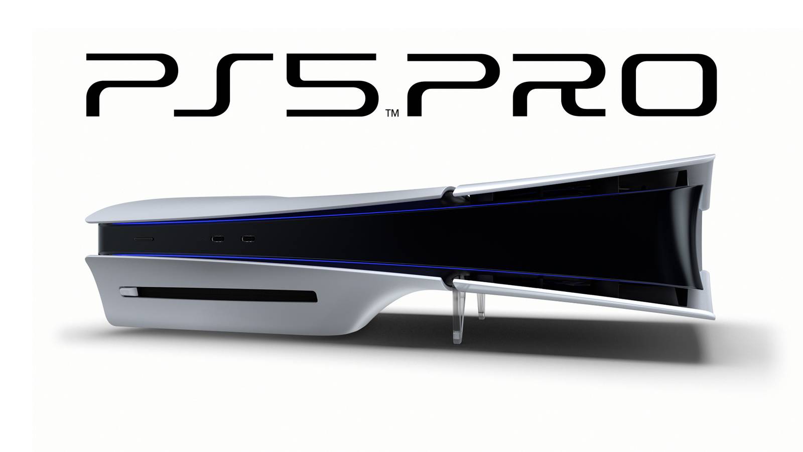 PlayStation 5 horizontal on white background below black PS5 Pro logo mockup