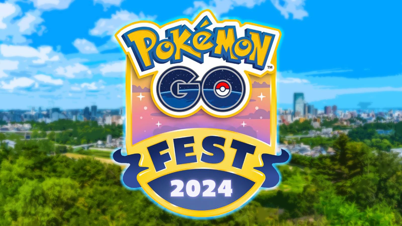 Pokemon GO Fest 2024 badge over blurred Sendai Japan cityscape landscape shot