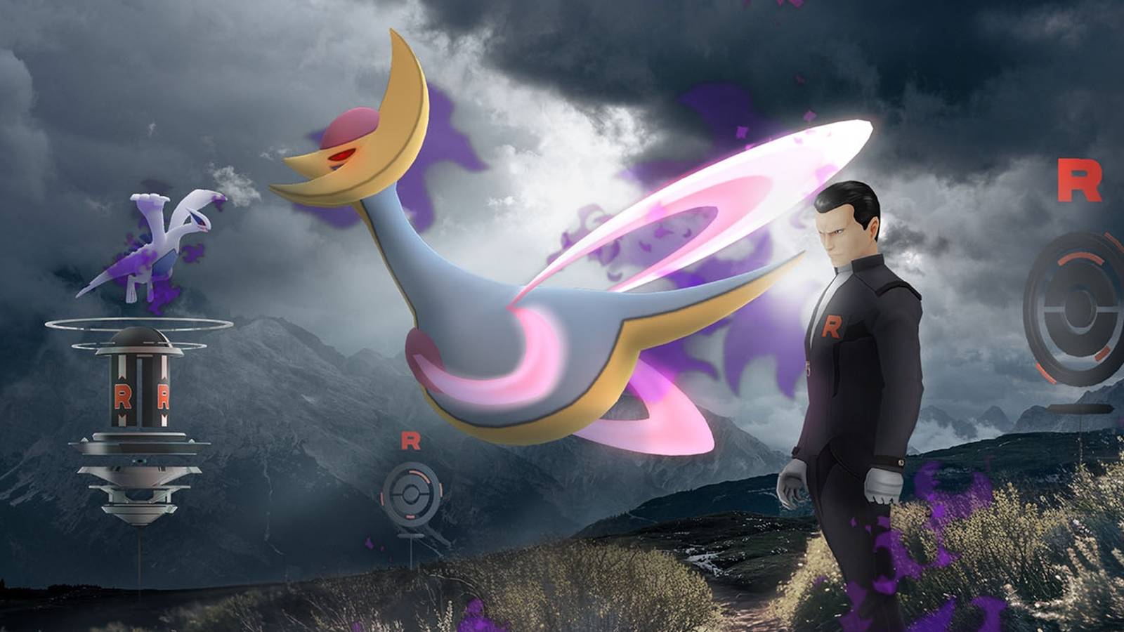 A promotional image of Team GO Rocket and Shadow Cresselia in Pokemon GO