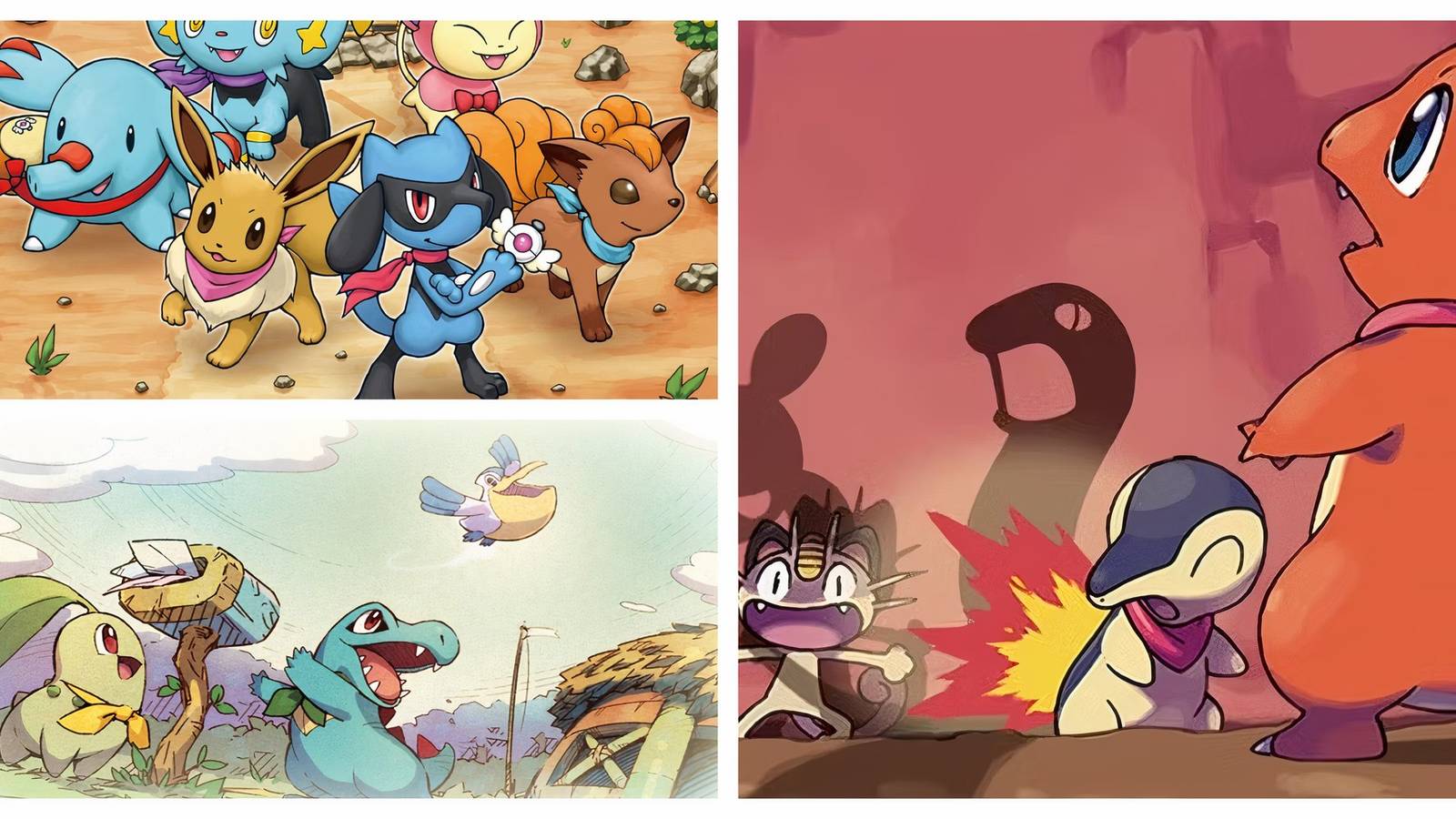 pokemon mystery dungeon, Rilou amongst other partner Pokemon such as Meowth, Eevee and Vulpix across different locations