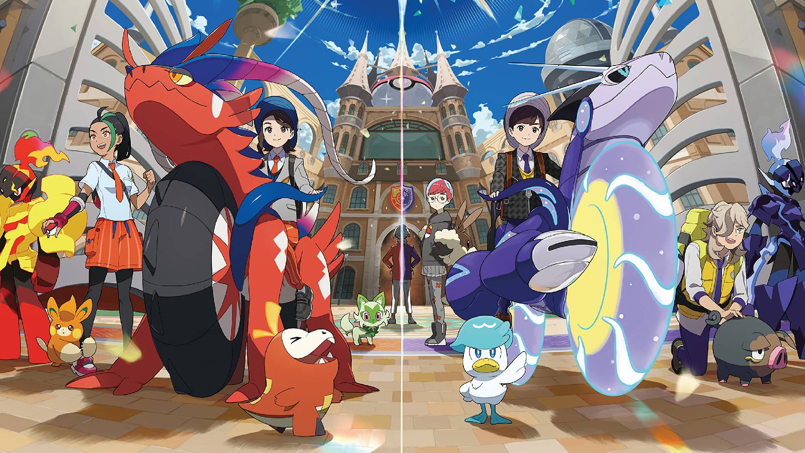 The key visual for Pokemon Scarlet and Violet showing the protagonists riding Koraidon and Miraidon.