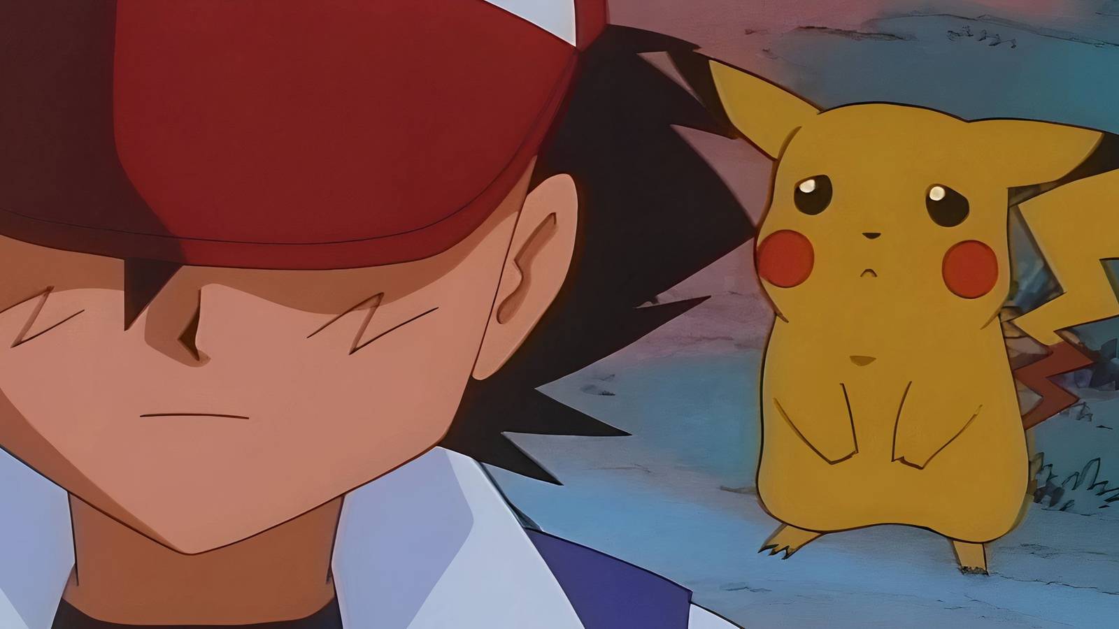 ash ketchum looking sad as pikachu looks on