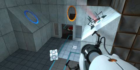 A screenshot of a puzzle room containing a secret area from Portal.