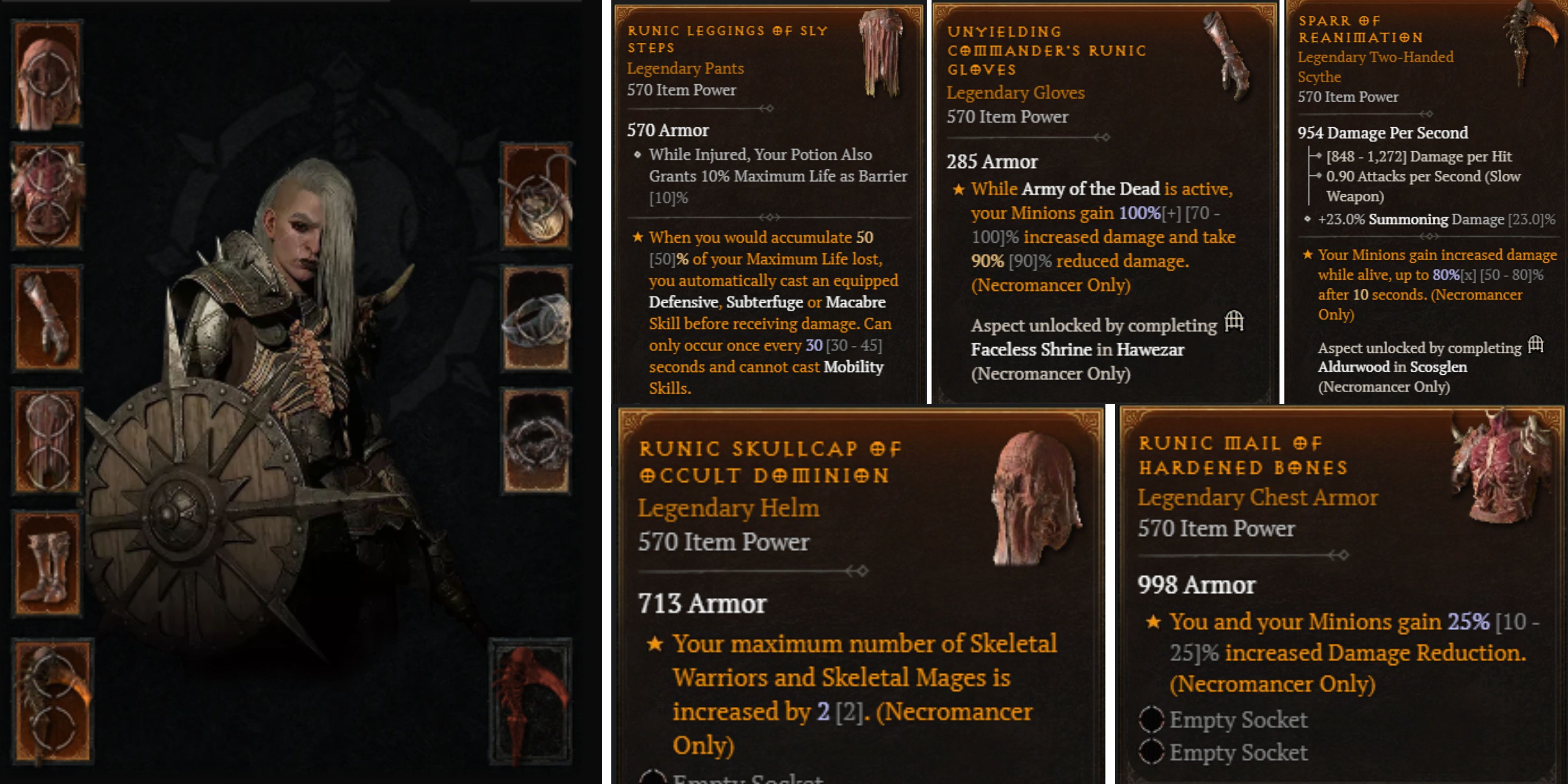 a picture of a necromancer's gear with several of the chosen items highlighted