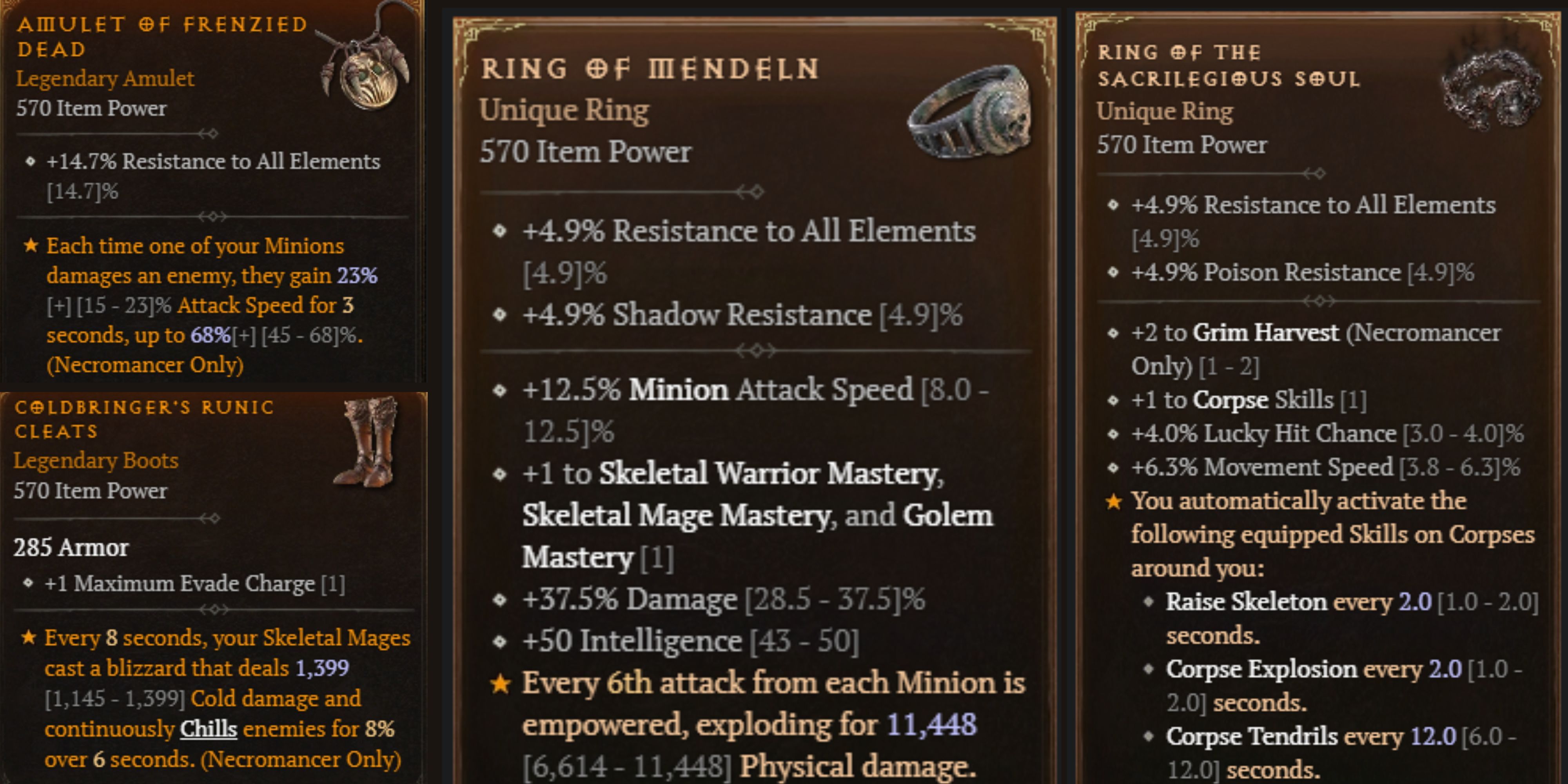 the necklace, boots, and rings chosen for this minion build