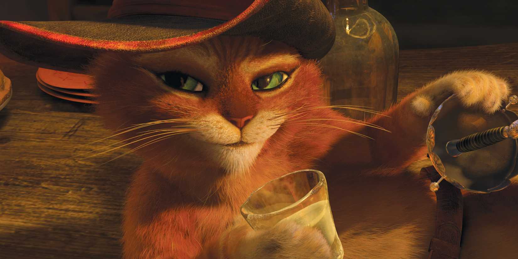 puss in boots with a glass of milk