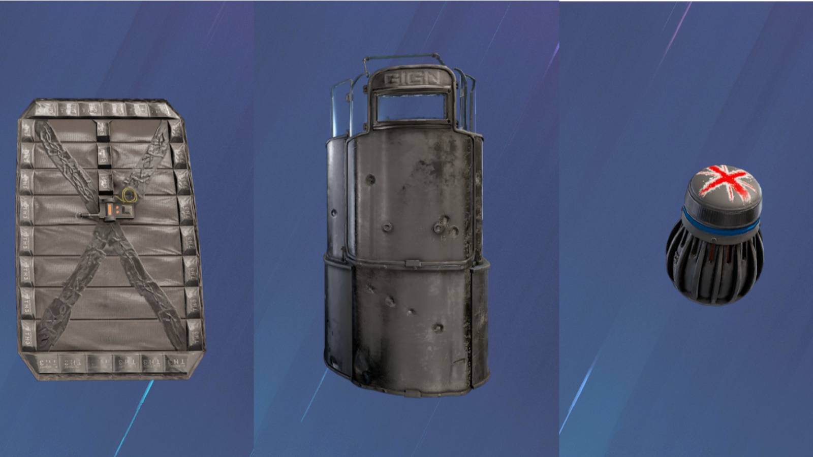 Rainbow Six Siege: Thermite's Exothermic Charge, Montagne's Extendable Shield and Thatcher's EMP Grenade against a blue background