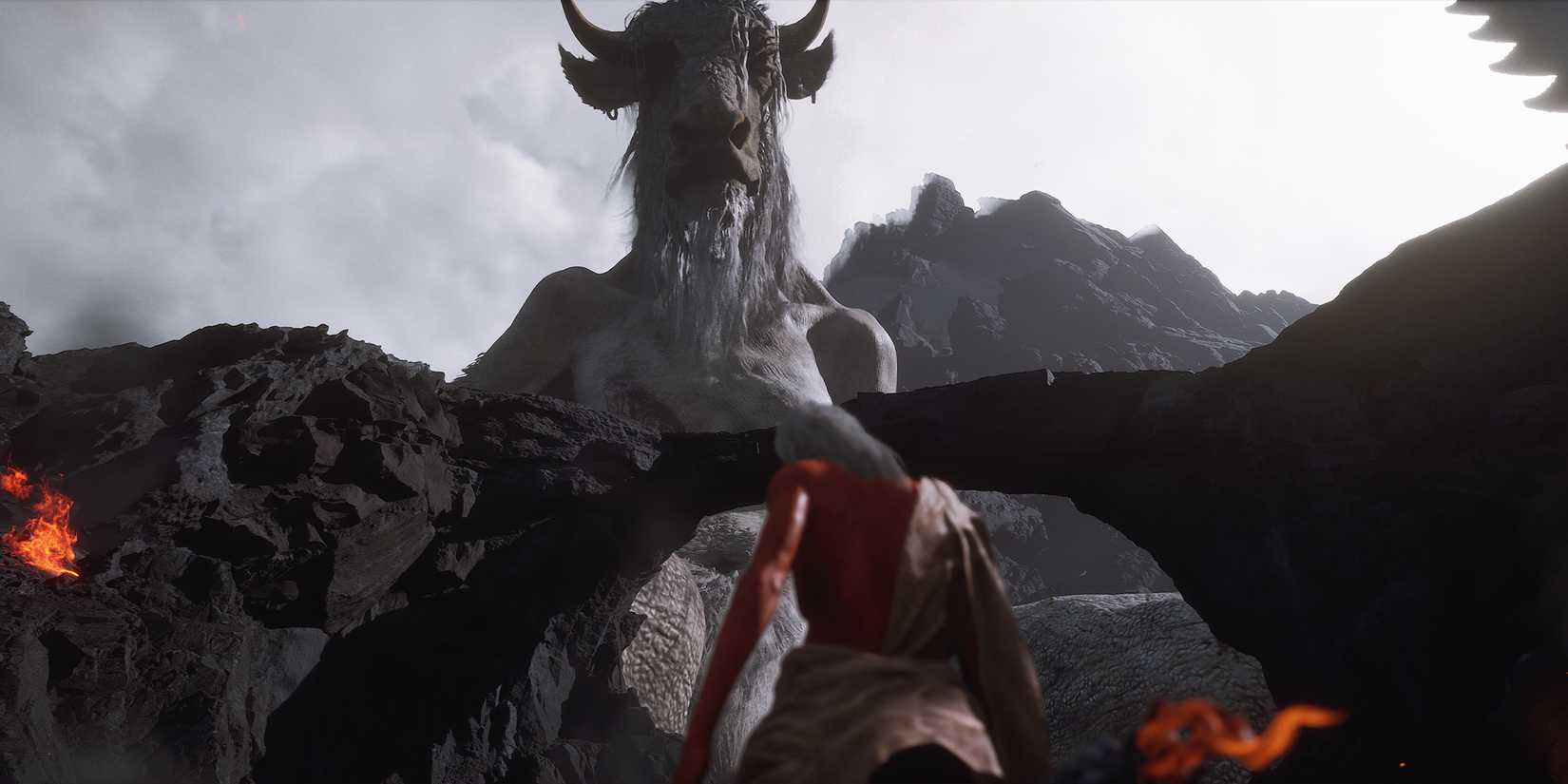 Red Boy standing before the Bull King in Black Myth Wukong