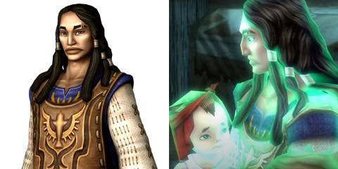 Renado looking down at a sad child, comforting them