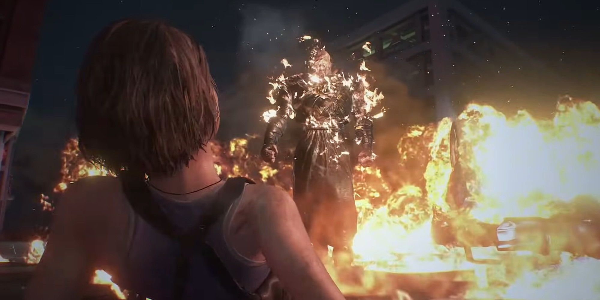 Nemesis approaching Jill Valentine in Resident Evil 3 Remake