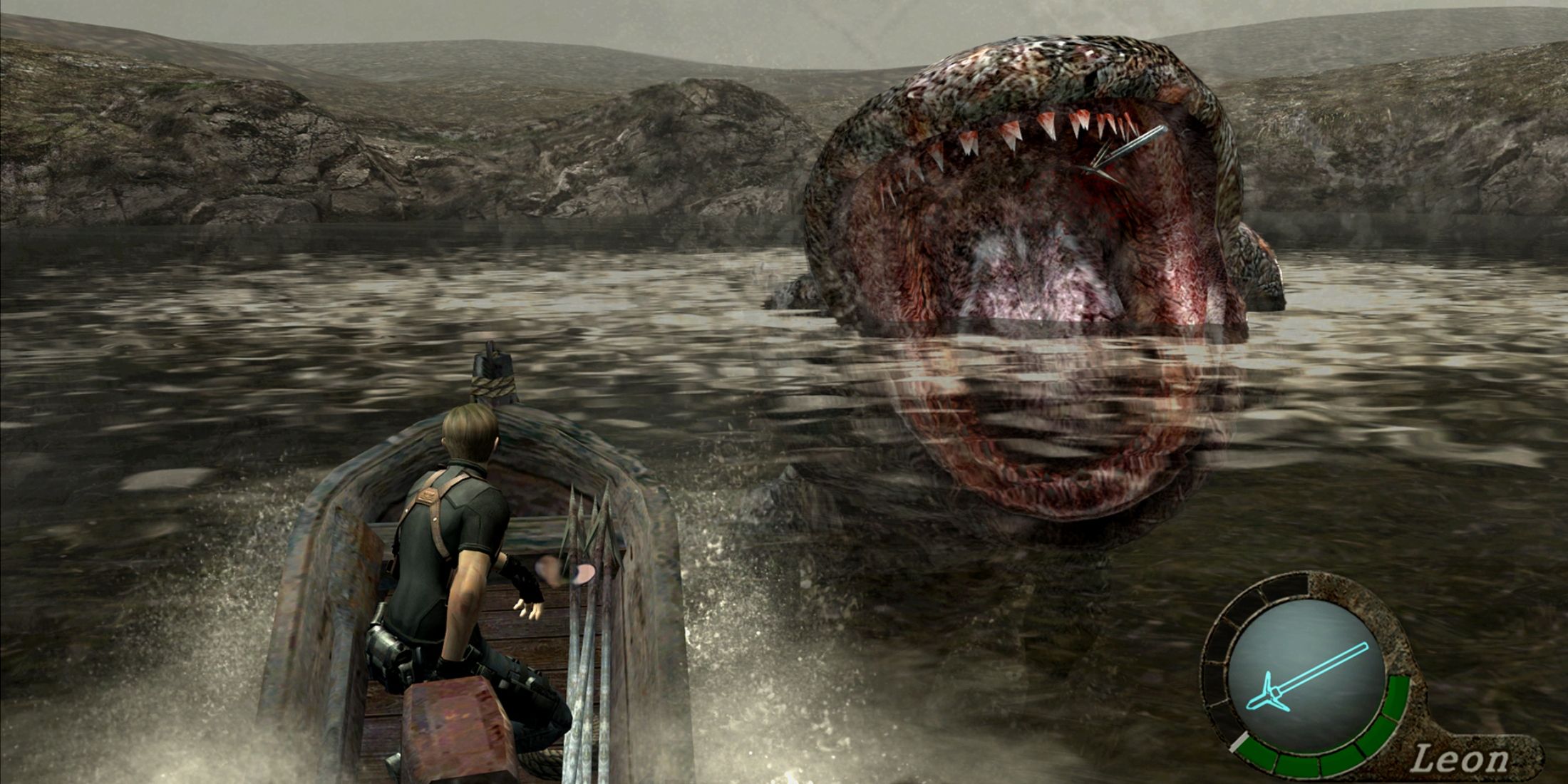 Leon Kennedy manning a small boat to fight a deep sea monster