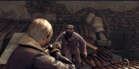 Leon aiming a shotgoun at an assailant on a village rooftop.