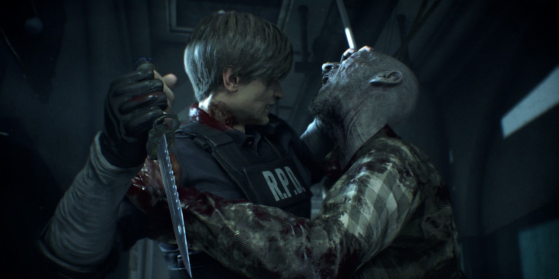 Leon knifing a zombie in Resident Evil 2