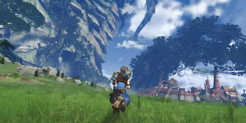 Rex exploring a vast, green landscape with a large tree in Xenoblade Chronicles 2