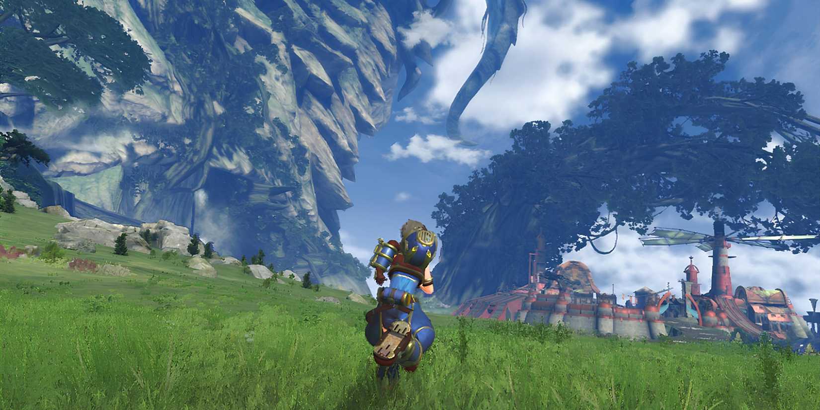 Rex exploring a vast, green landscape with a large tree in Xenoblade Chronicles 2