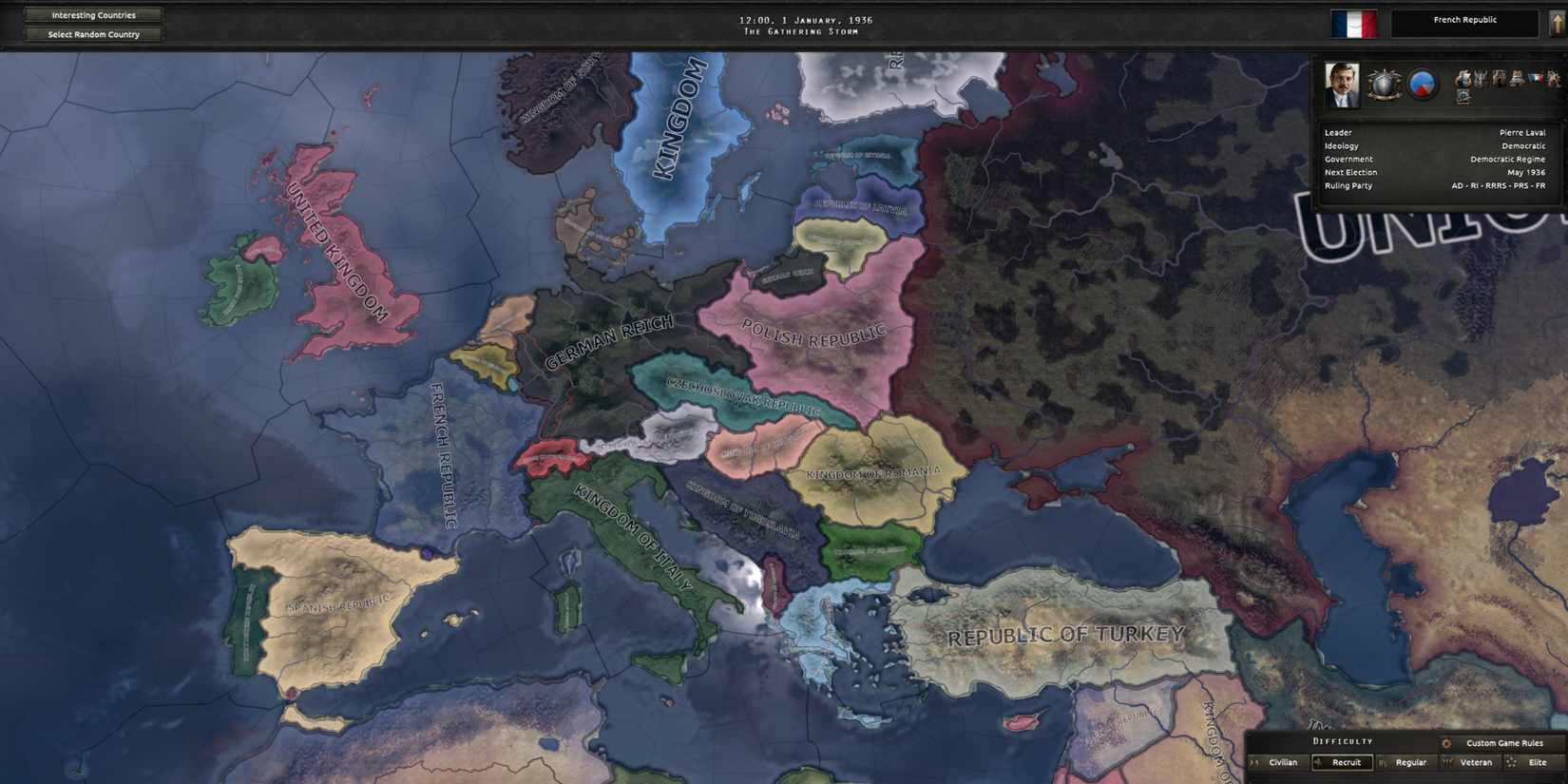 An overview of the default world map in Road to 56 Hearts of Iron 4