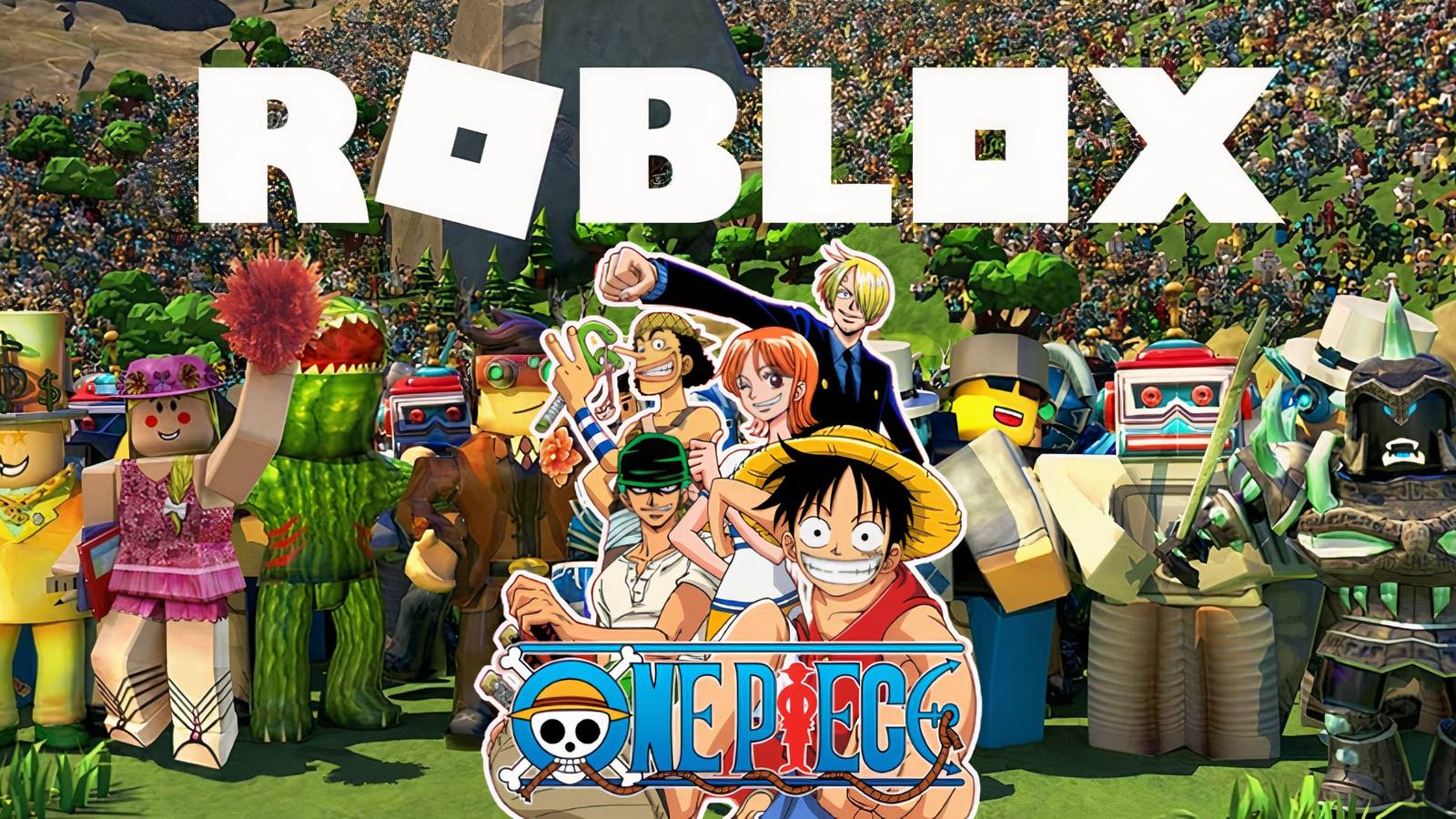 roblox characters and logo with one piece going merry crew