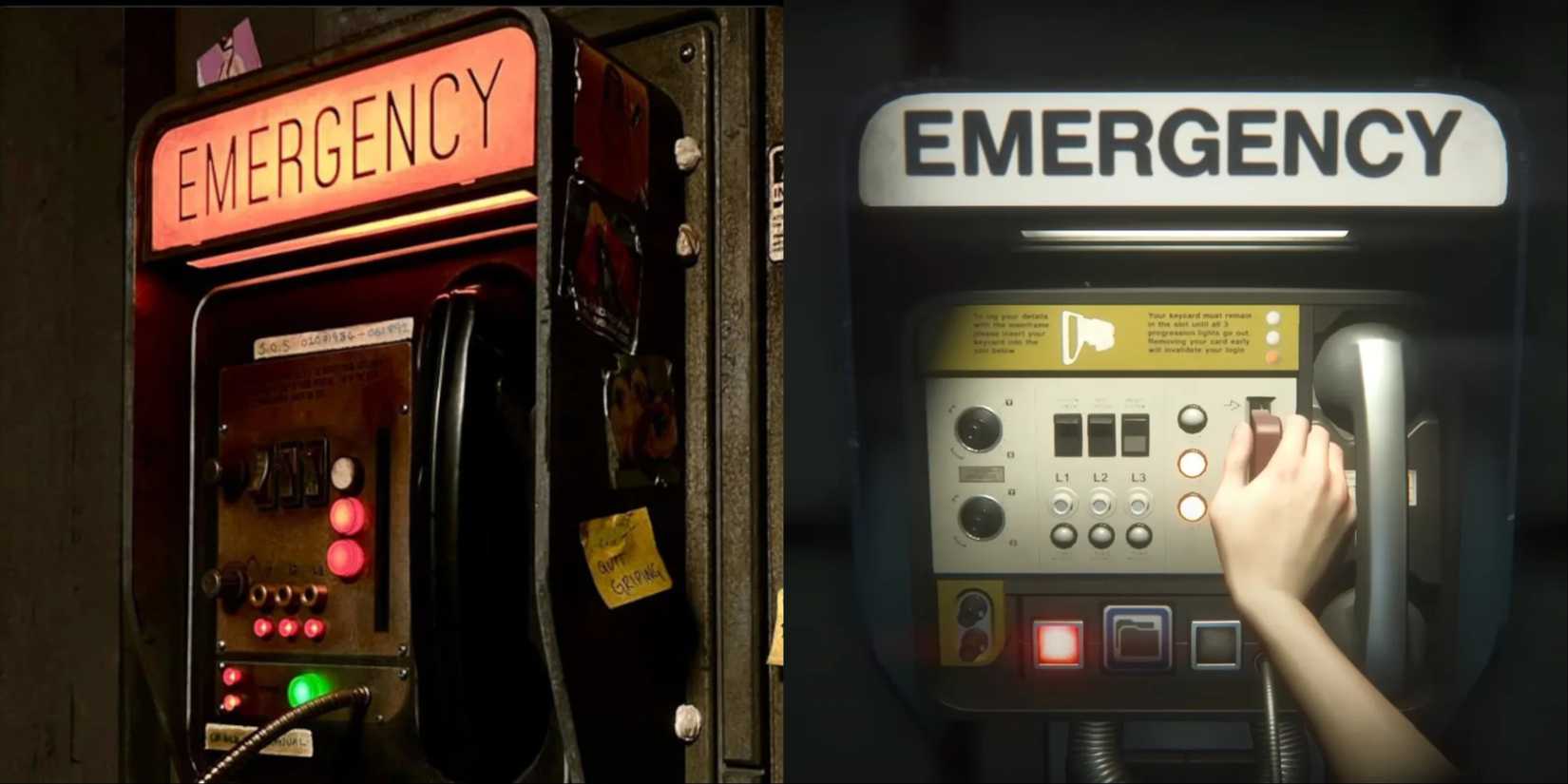 Split image of the emergency telephone in Alien Romulus and Alien Isolation