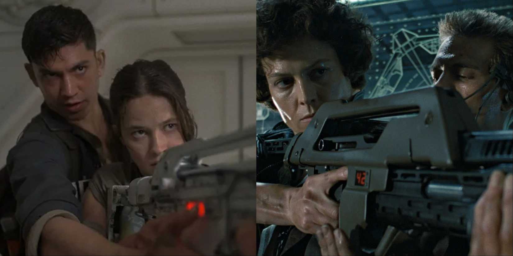 Split image of characters holding a Pulse Rifle in Alien: Romulus and Aliens