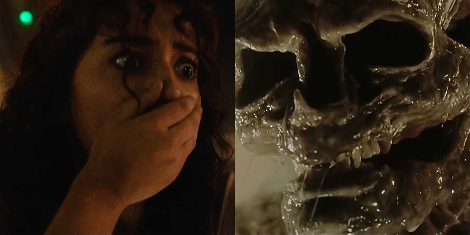 Split image of Kay in Alien Romulus and the Newborn in Alien Resurrection