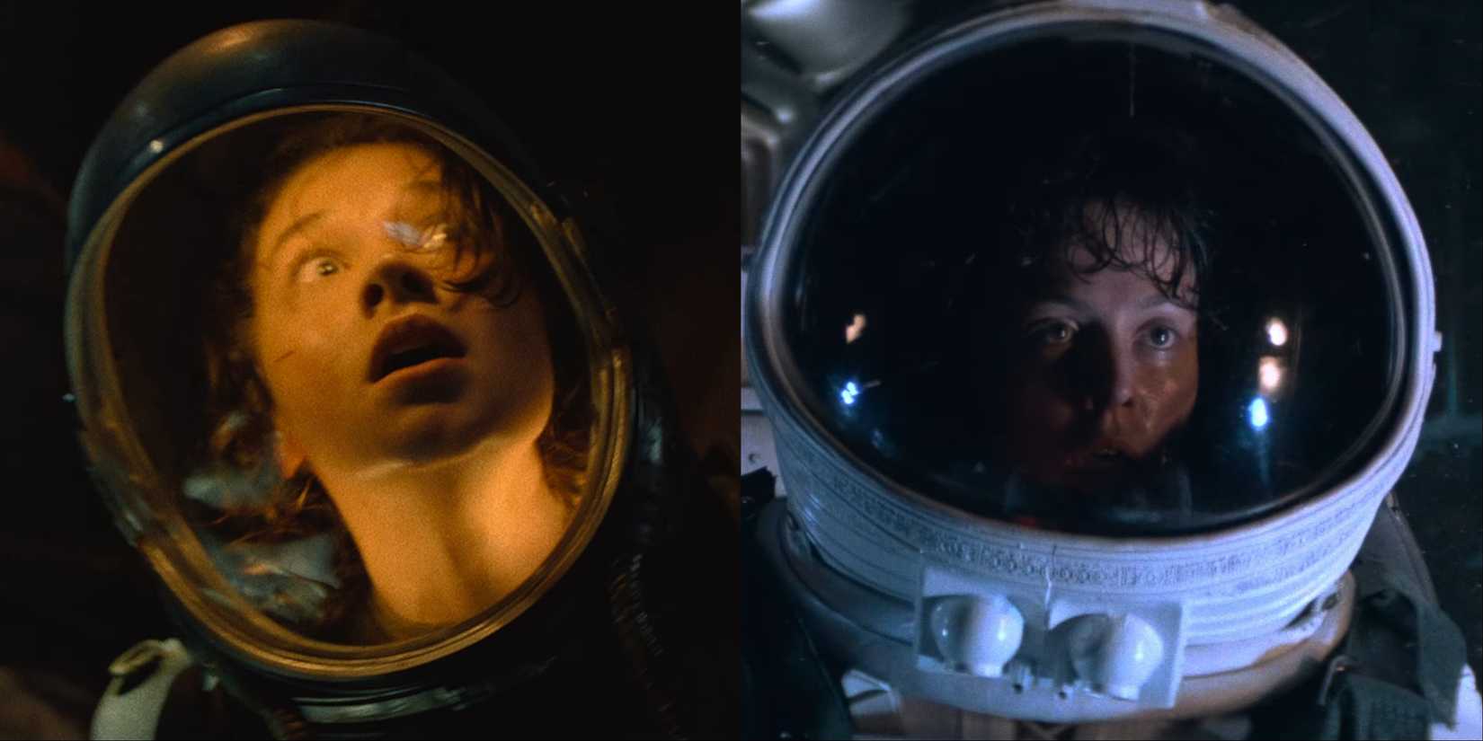 Split image of Rain in Alien Romulus and Ripley in Alien