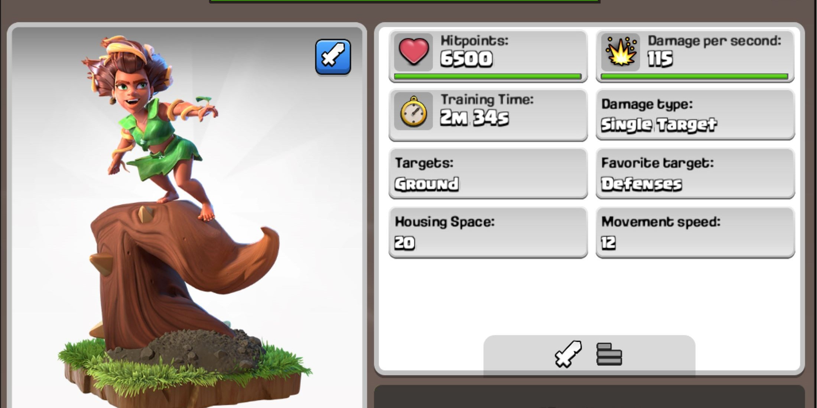 A lady riding a root that's protruding from the ground beside a display of statistics in Clash of Clans