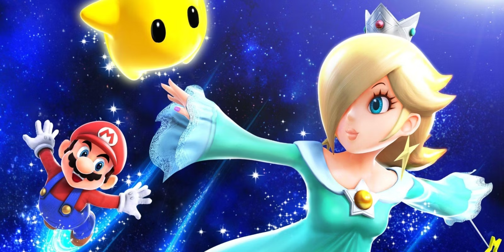 Rosalina flying in space with Luma and Mario in Mario Galaxy
