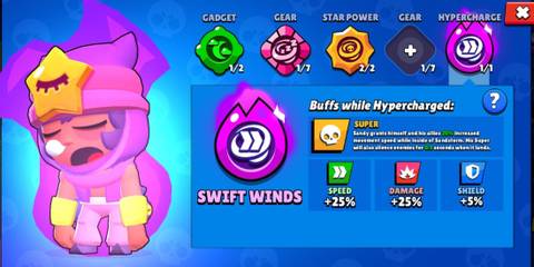 A display of Sandy's hypercharge stats in Brawl Stars