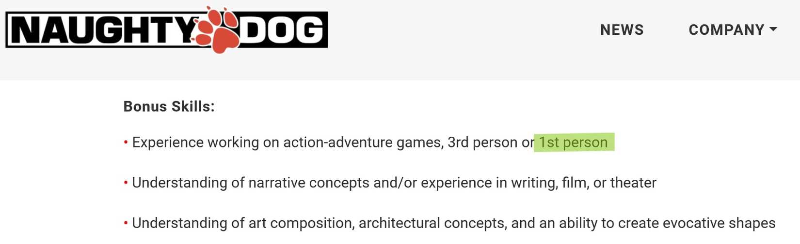 naughty dog first person job listing