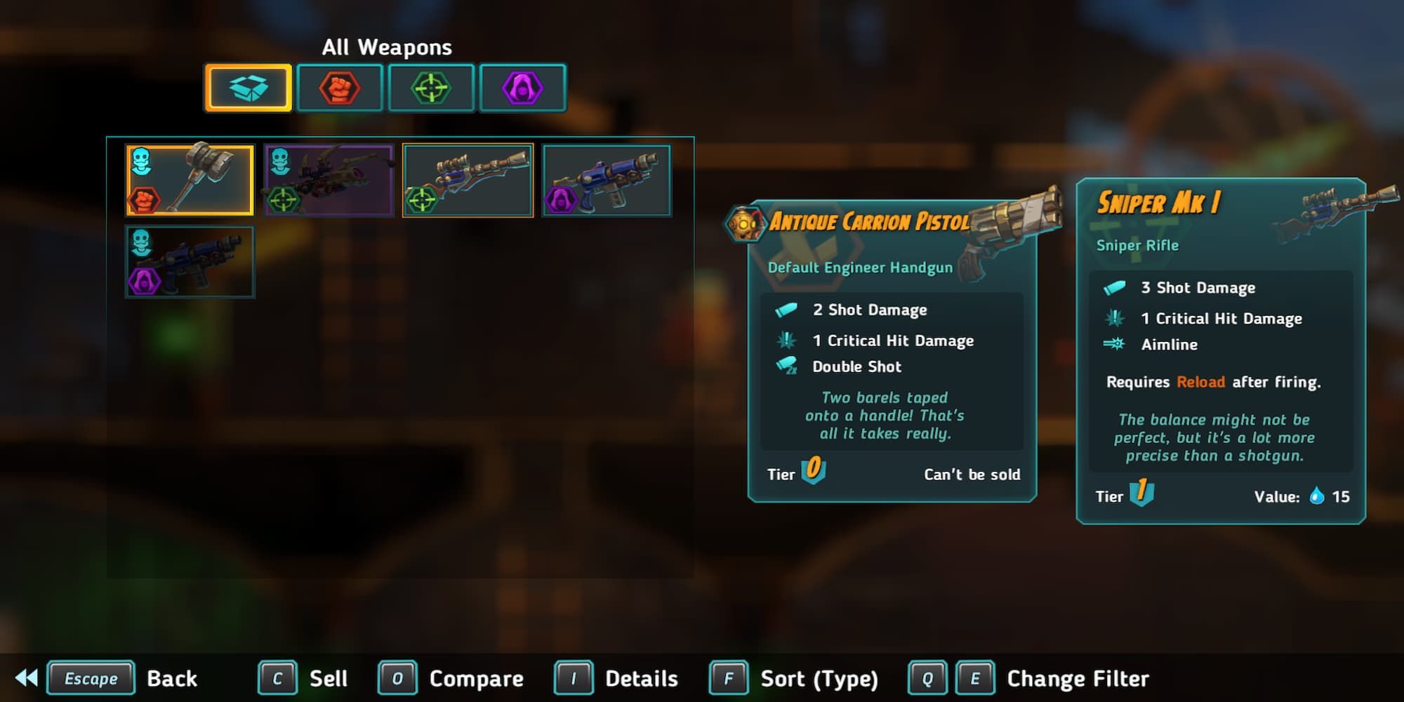 Various weapons in the inventory for changing jobs 