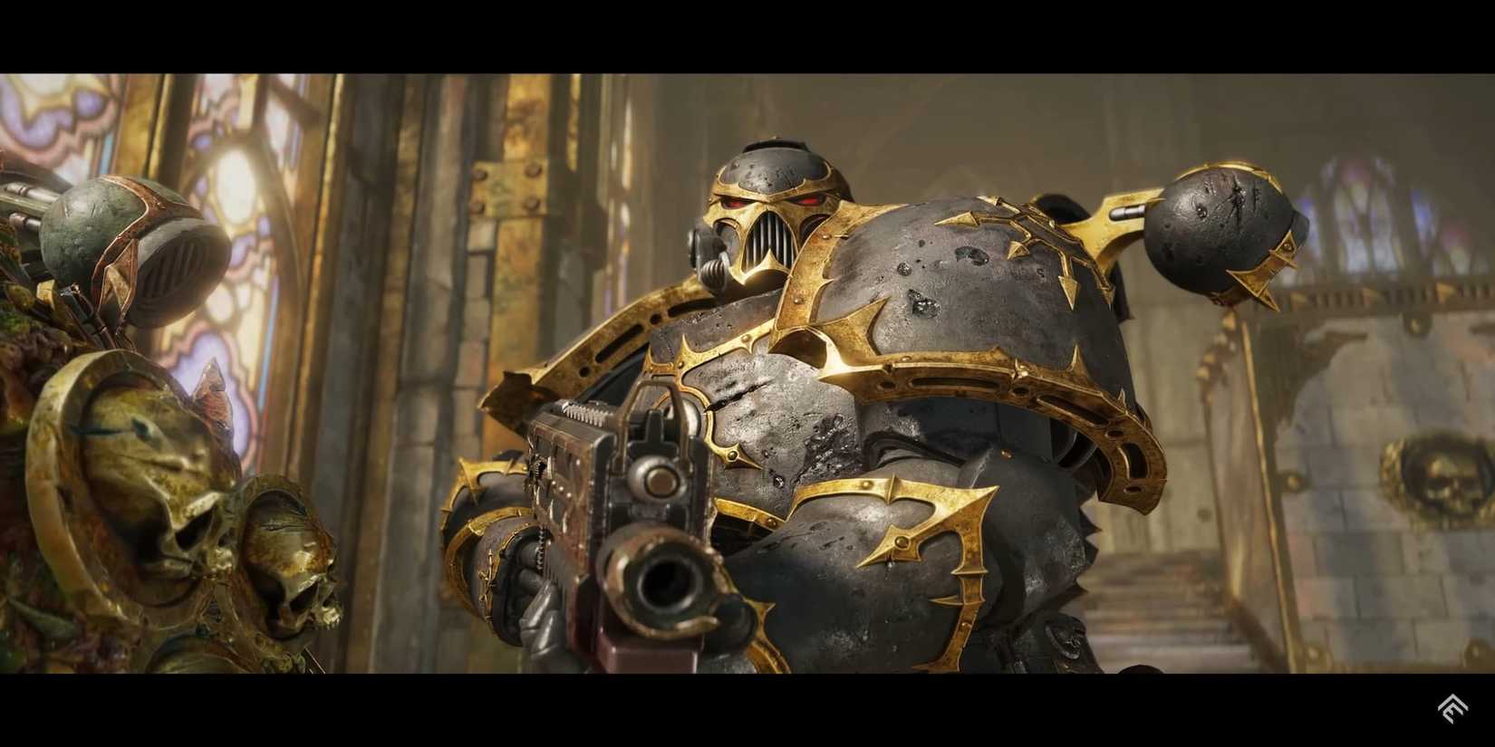 An Iron Warriors Space Marine Holding A Bolter