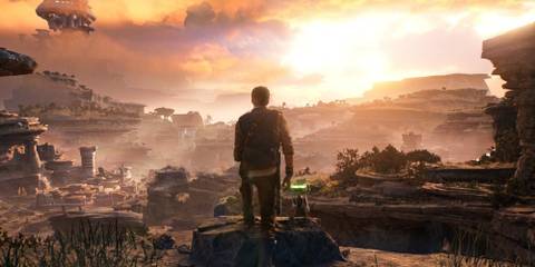 Screenshot of Cal Kestis and BD-1 looking out at the Koboh landscape in Star Wars Jedi Survivor