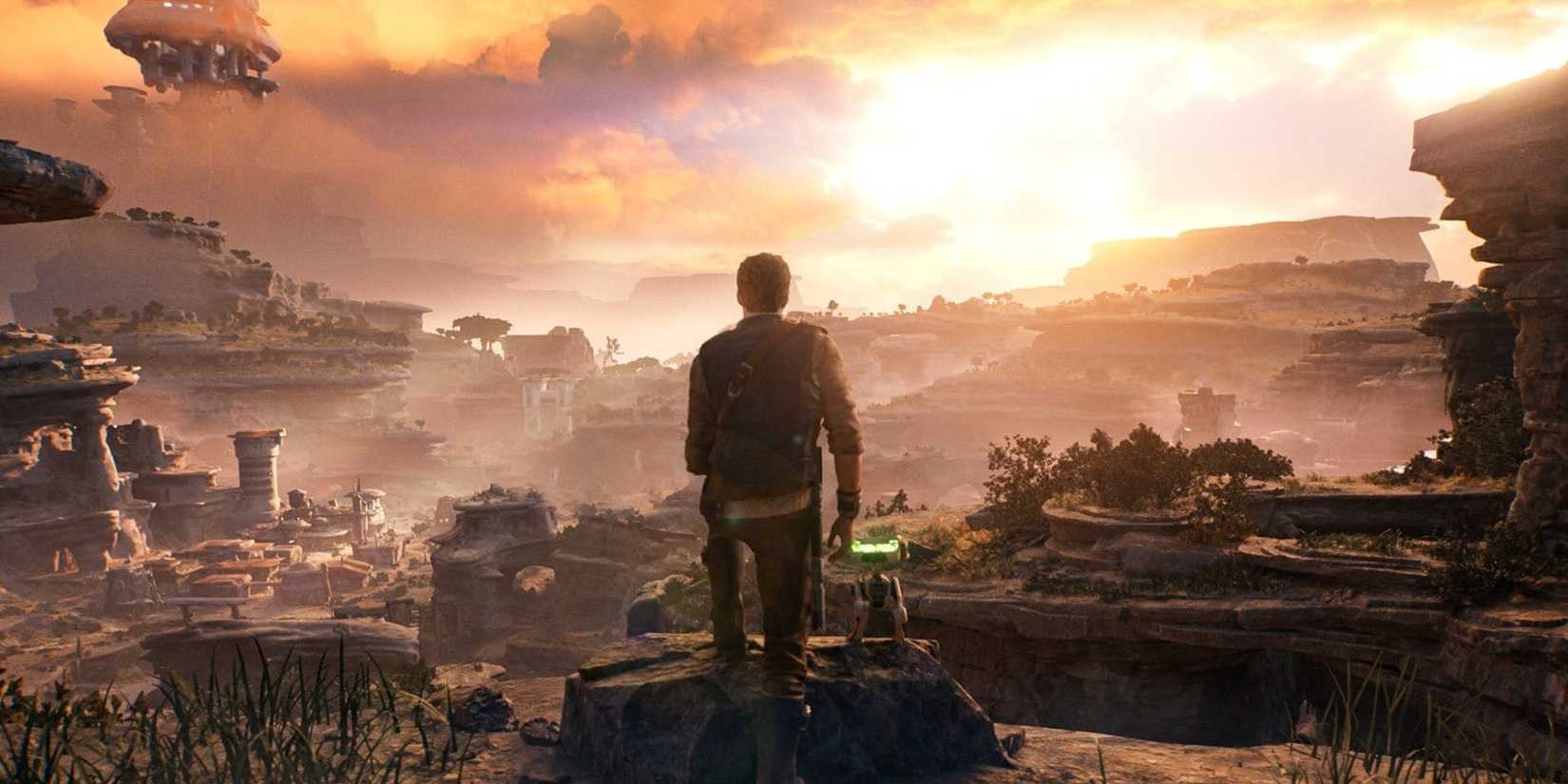 Screenshot of Cal Kestis and BD-1 looking out at the Koboh landscape in Star Wars Jedi Survivor