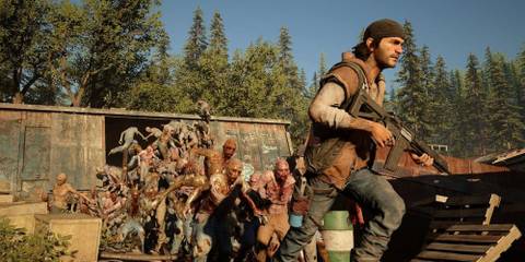 Screenshot of Deacon St. John running away from a zombie horde in Days Gone