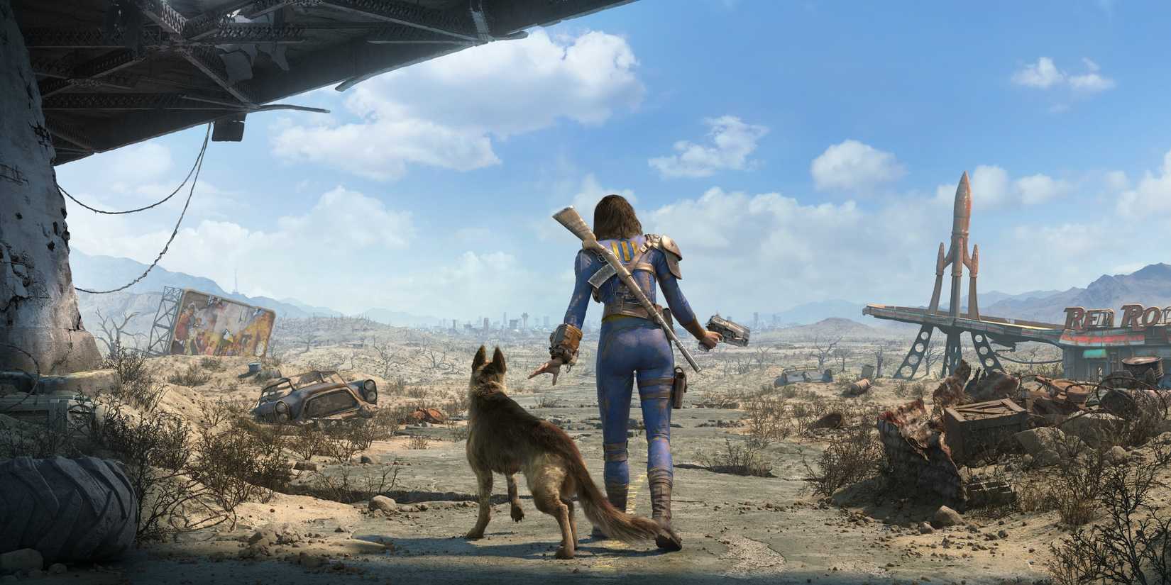 Screenshot of Dogmeat with the hero in Fallout 4