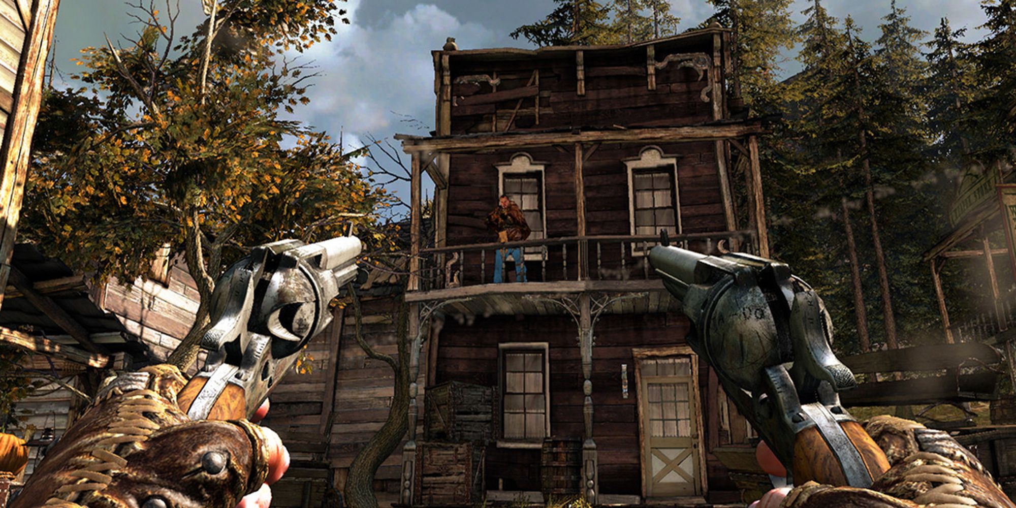 Screenshot of dual-wielding revolvers in Call Of Juarez Gunslinger