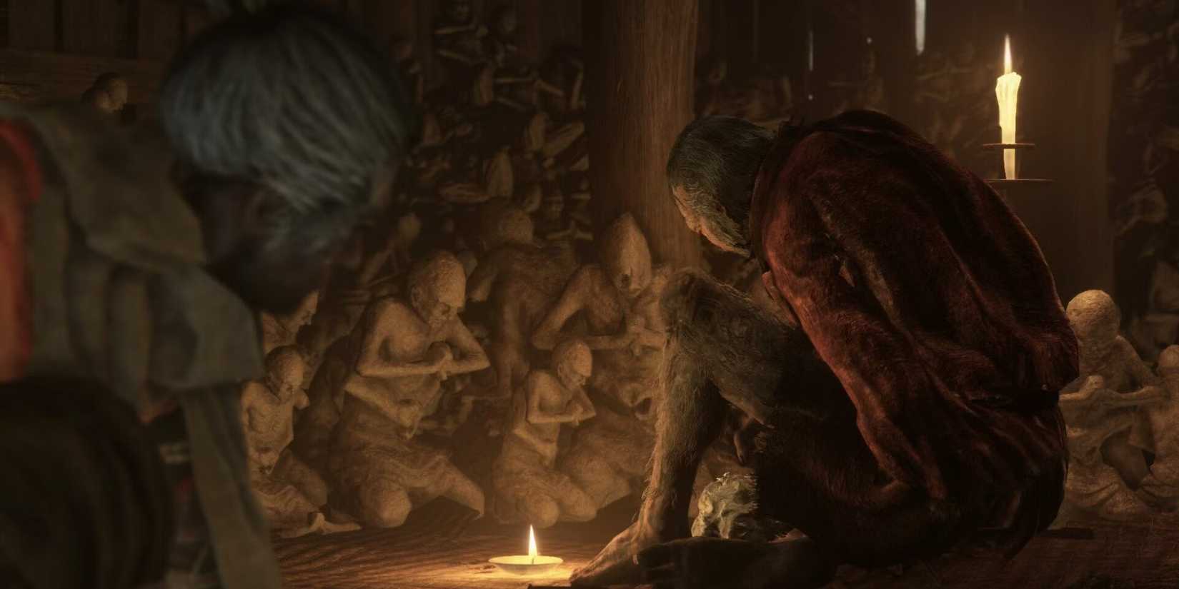 Wolf in the foreground and the sculptor in the background with buddha statues all around in Sekiro Shadows Die Twice