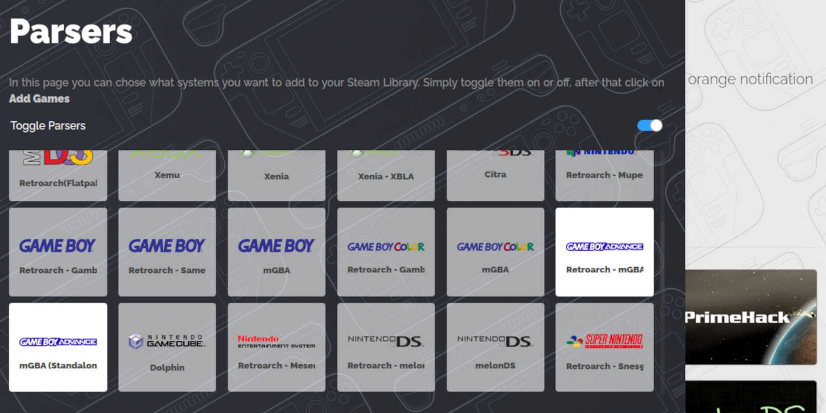 Selecting GBA emulators on the Steam Deck