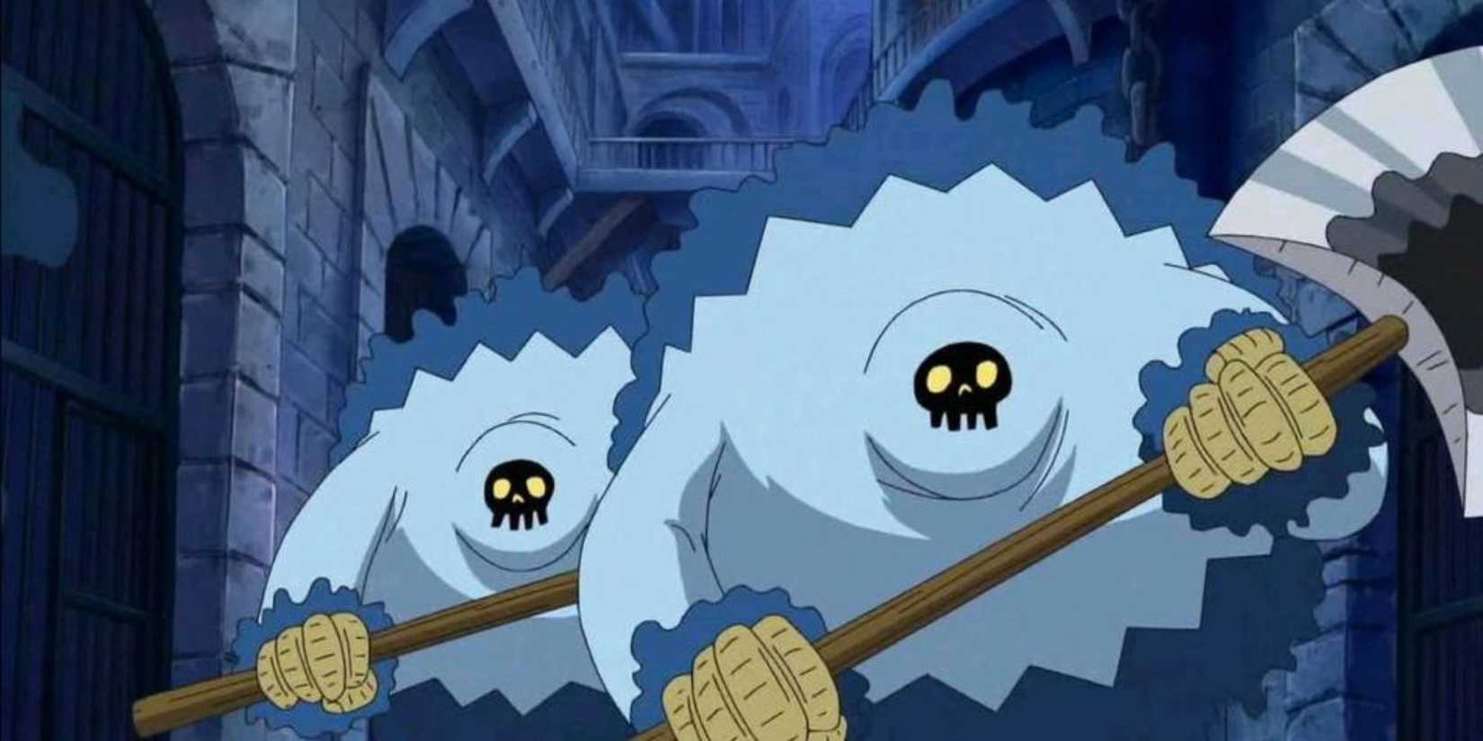 Several Blue Gorillas chase down Luffy & Buggy in Impel Down.